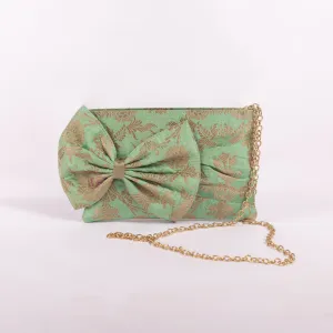 Flower Jaal Aqua Green Banarasi Handwoven Silk Bow Clutch
