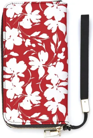 Flowers And Leaves Women's Leather Long Large Capacity Wallet Clutch Wallet with Hand Strap