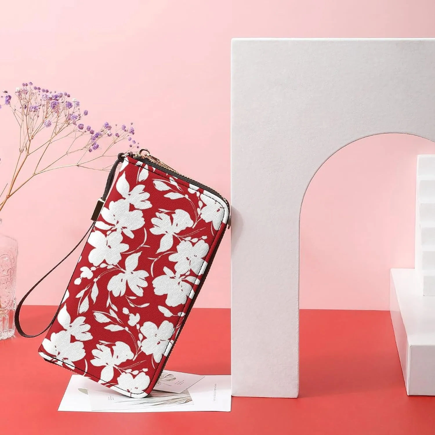 Flowers And Leaves Women's Leather Long Large Capacity Wallet Clutch Wallet with Hand Strap