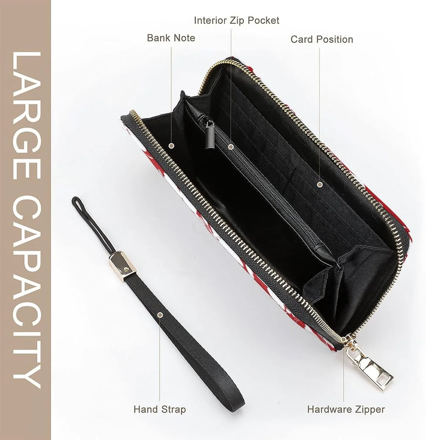 Flowers And Leaves Women's Leather Long Large Capacity Wallet Clutch Wallet with Hand Strap