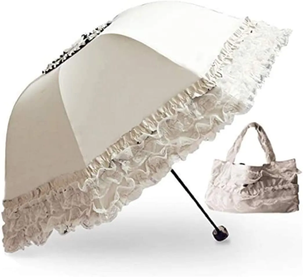 Foldable Lace Parasol Travel Sun Rain Umbrella Compact Anti UV Resistance Princess Sun Umbrella for Women & Girls