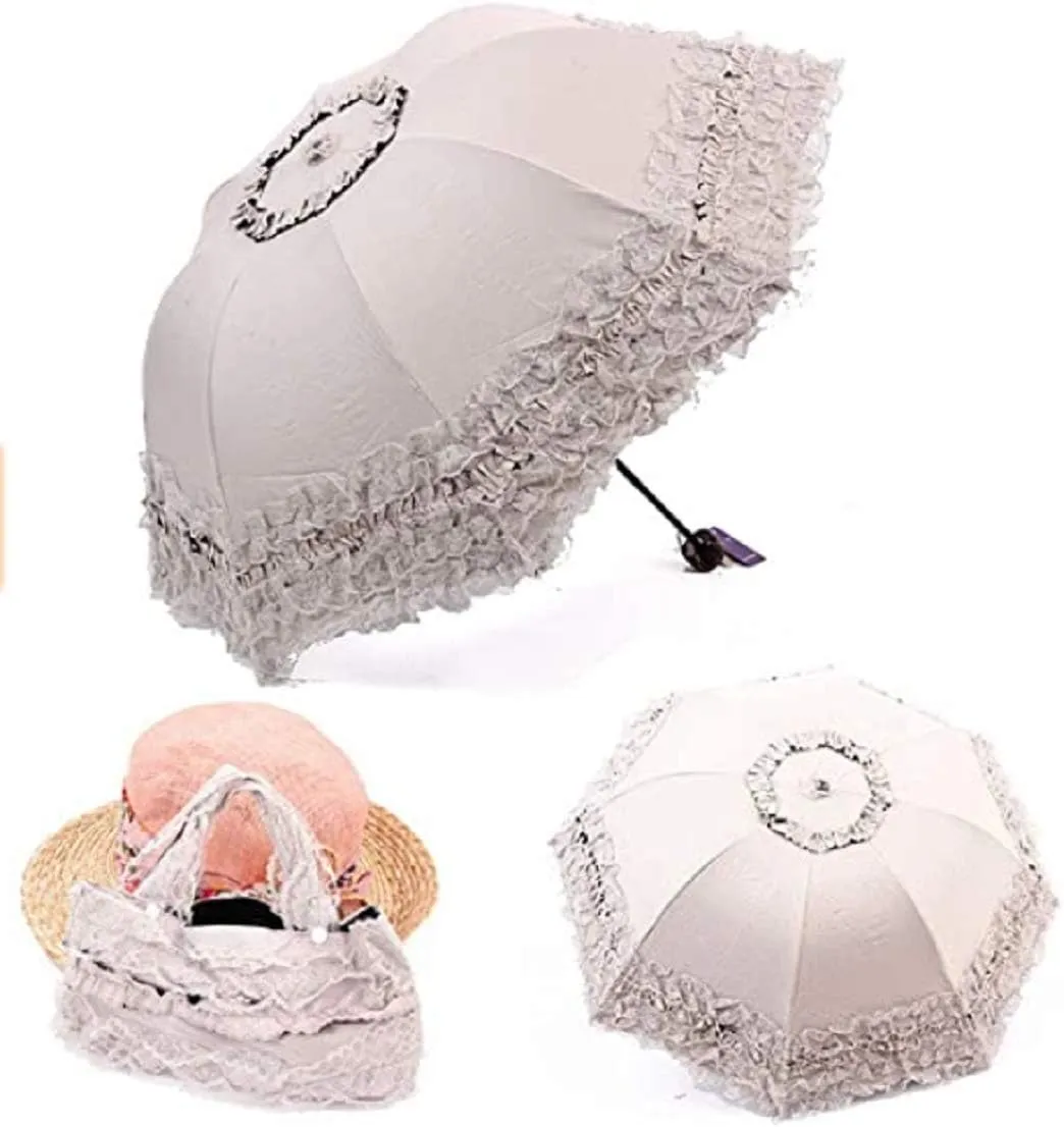 Foldable Lace Parasol Travel Sun Rain Umbrella Compact Anti UV Resistance Princess Sun Umbrella for Women & Girls