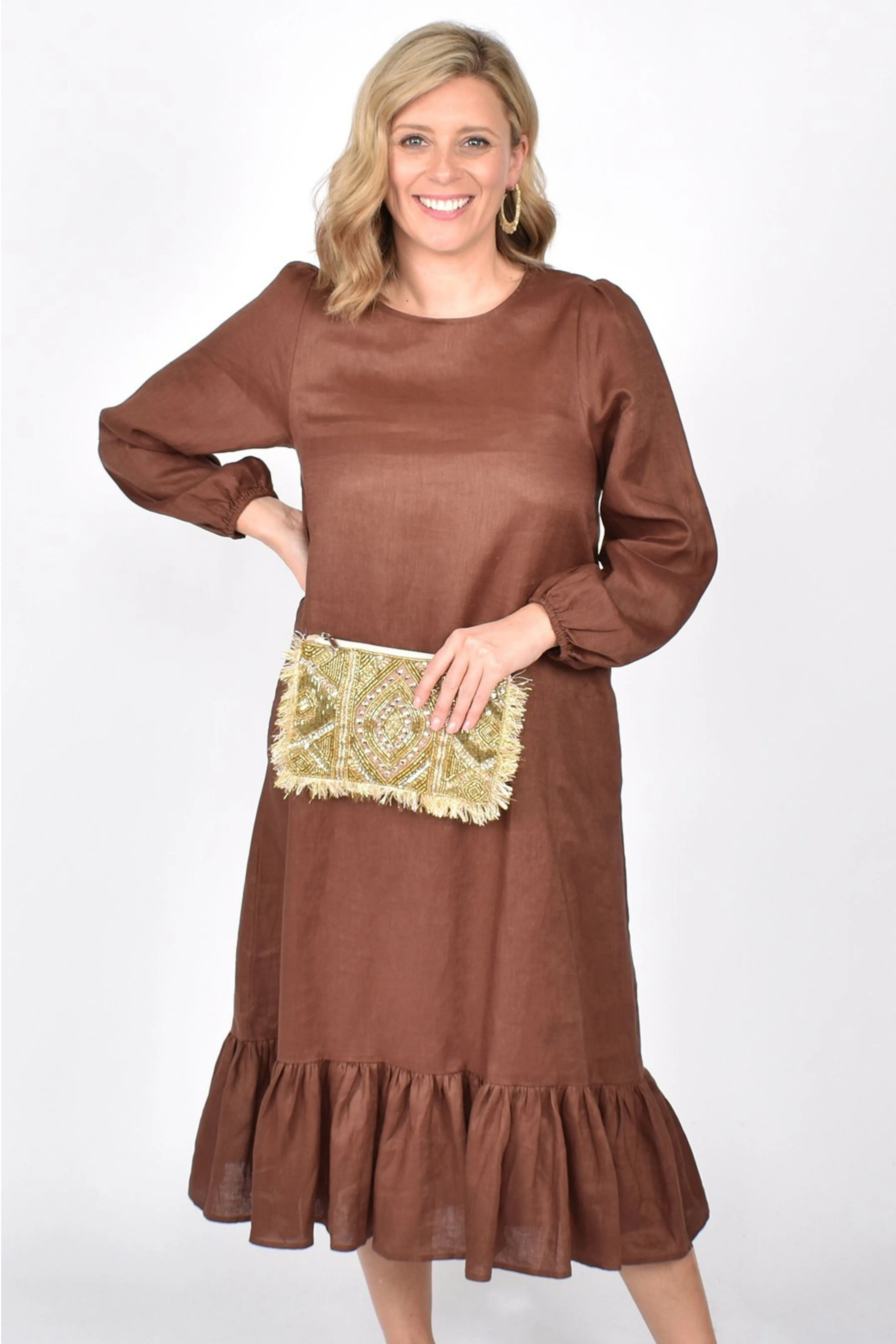 Fringed Beaded Front Zip Top Small Clutch - Gold Cream