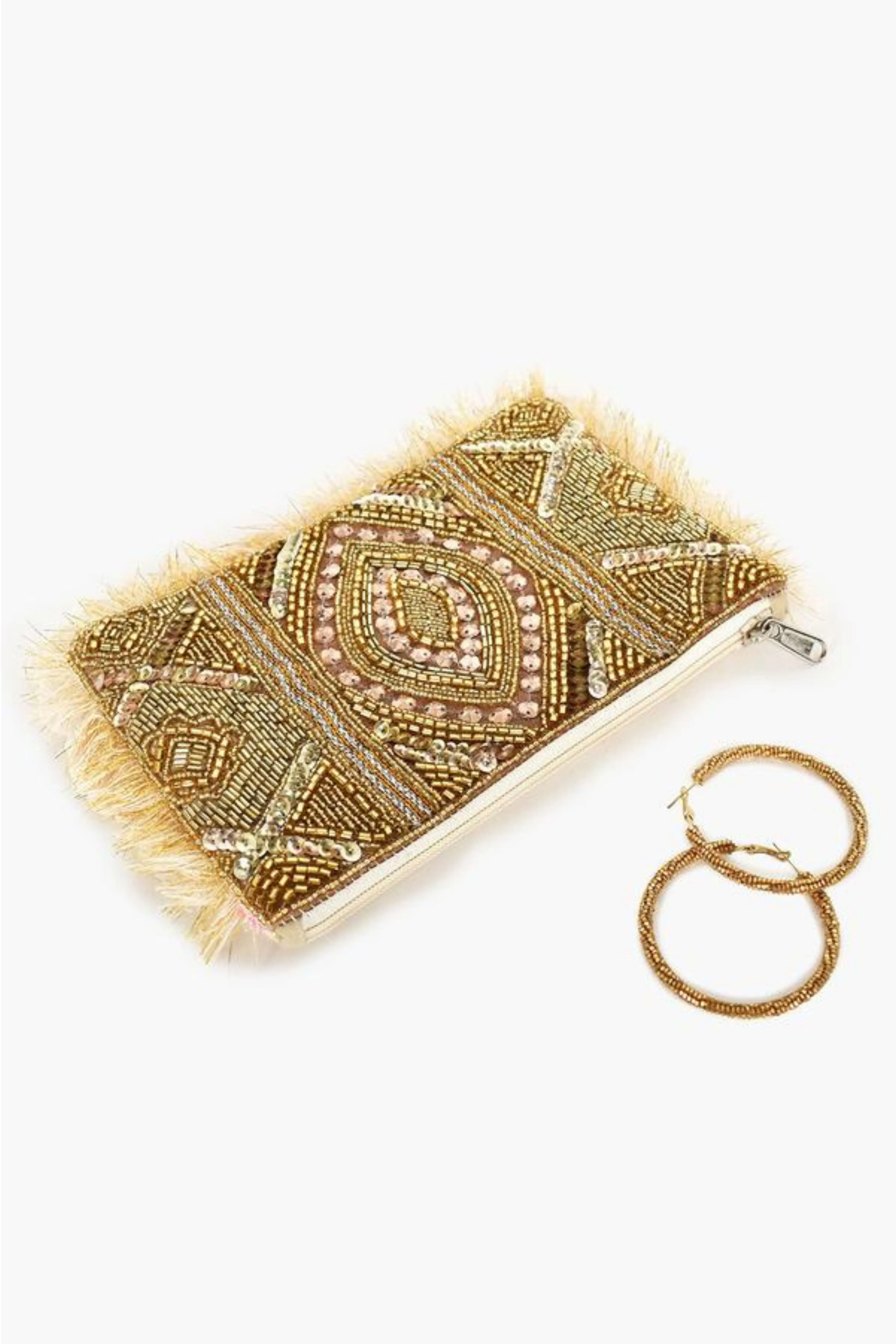 Fringed Beaded Front Zip Top Small Clutch - Gold Cream