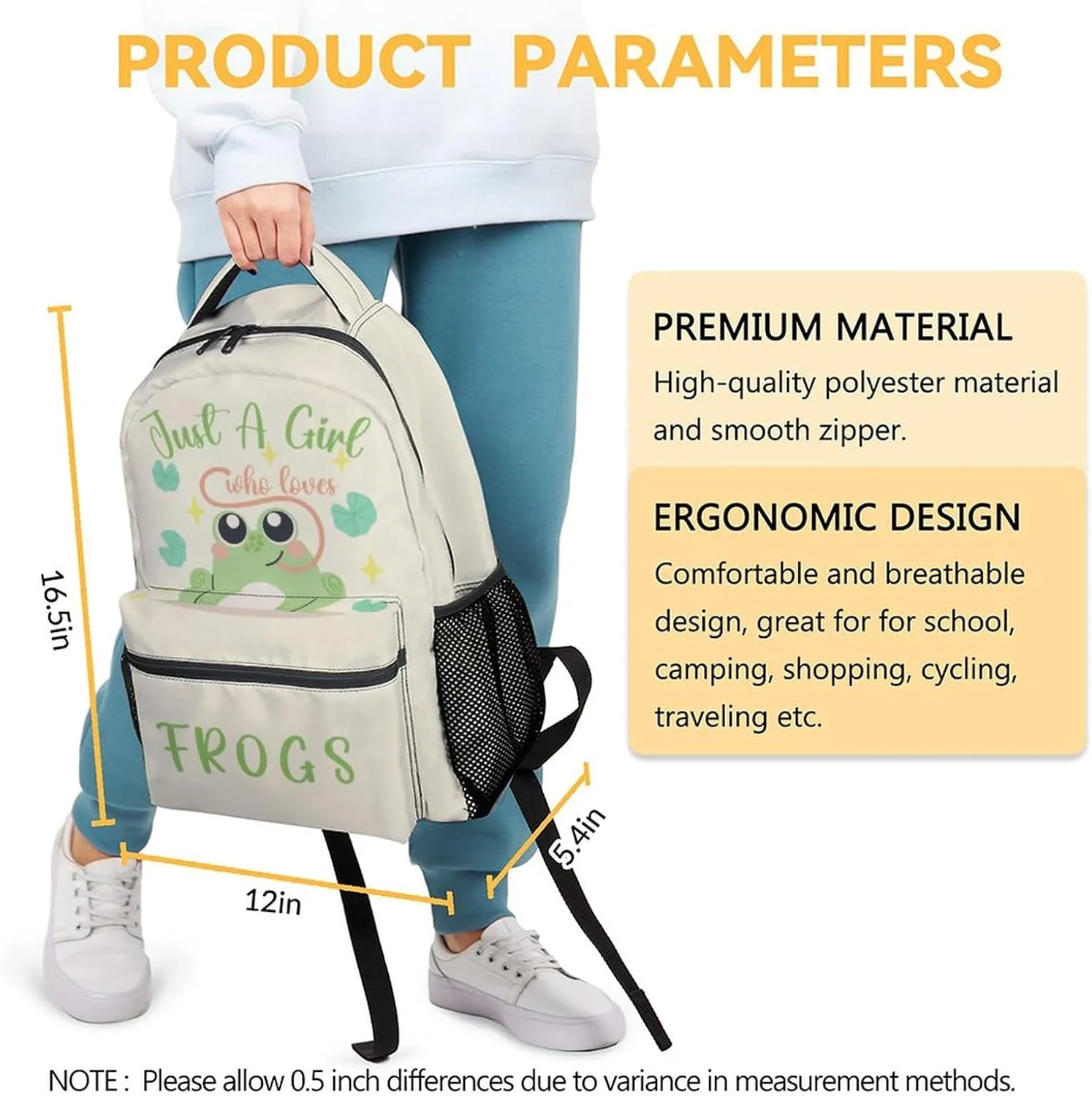 Frog Backpacks for Girls Boys, 16 Inch Cute Backpack for School, Green, Large Capacity, Durable, Lightweight Bookbag for Kids Travel
