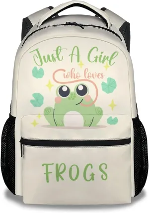 Frog Backpacks for Girls Boys, 16 Inch Cute Backpack for School, Green, Large Capacity, Durable, Lightweight Bookbag for Kids Travel