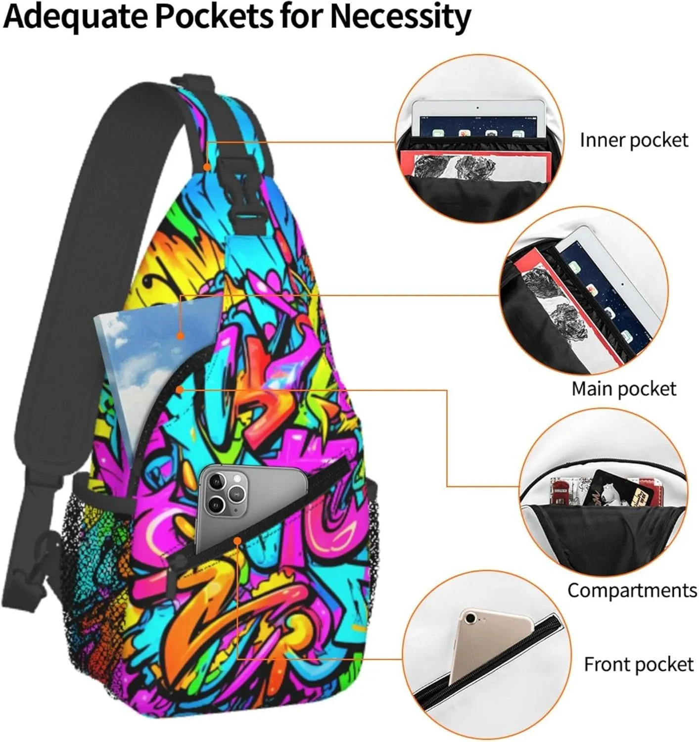 Funny Graffiti Sling Backpack Crossbody Bag, Chest Bag Daypack Fanny Pack Cross Body Bag for Outdoors Hiking Traveling