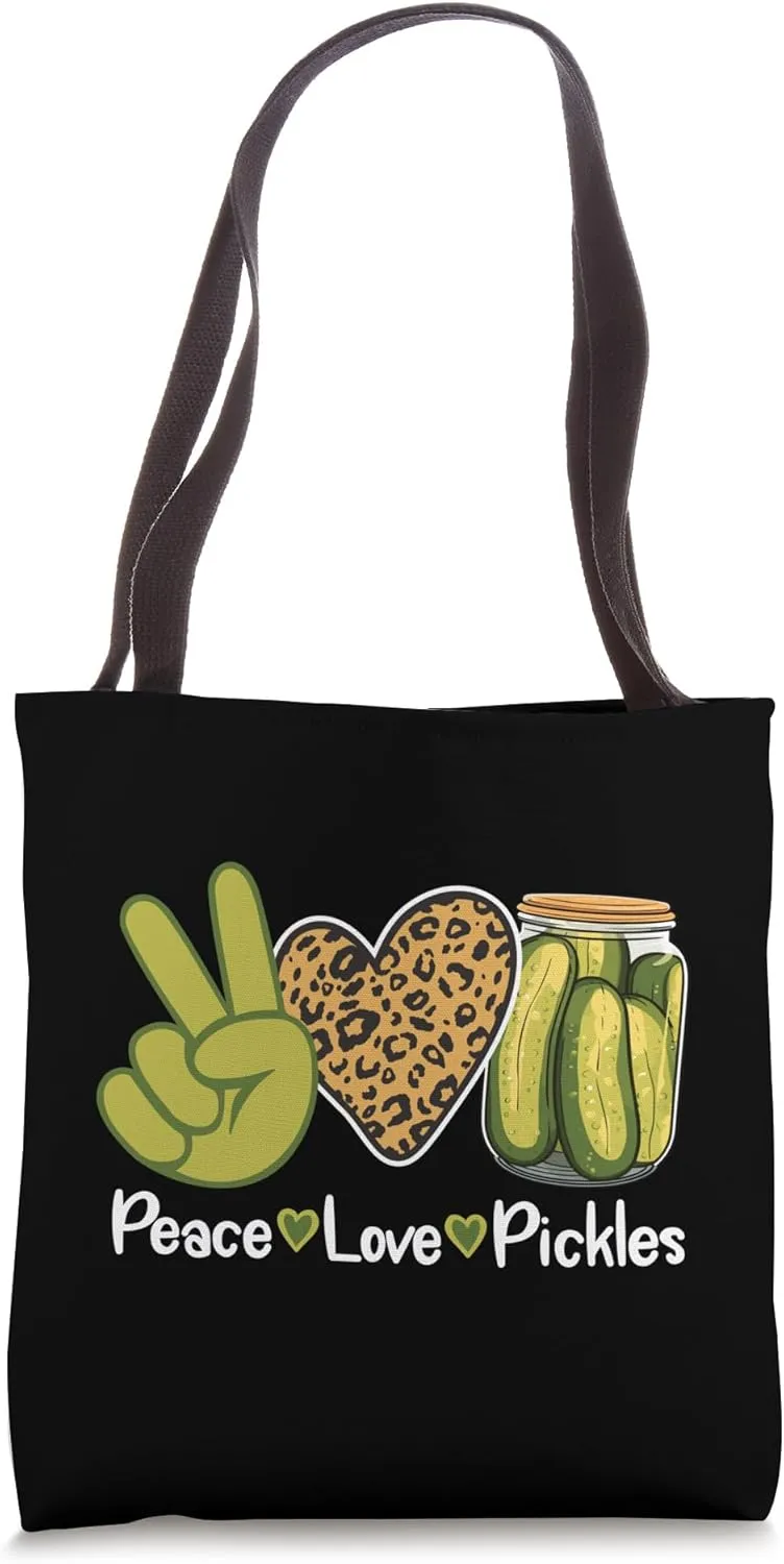 Funny Pickle Lover Leopard Print Retro Peace Love Pickles Tote Bag