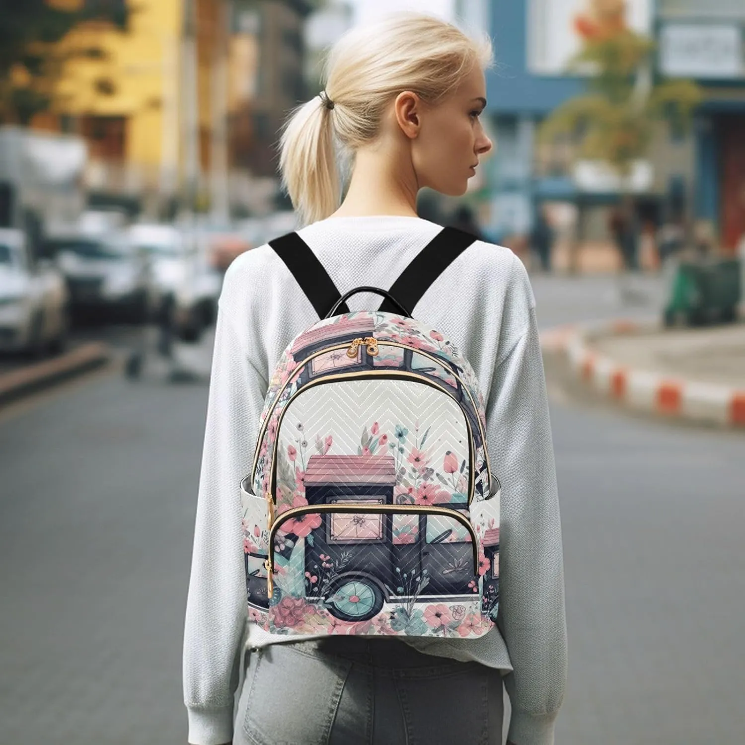 GAIGEO Flying Butterflies Flowers Black Truck Fashion Backpack, Lightweight Backpack, Womens Travel Backpack, M