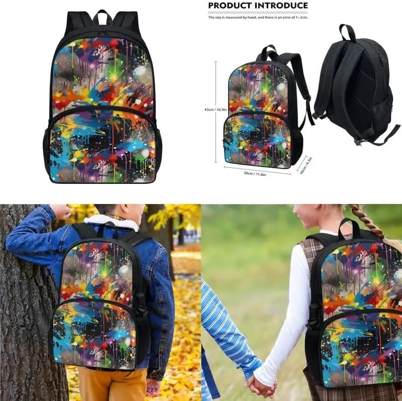 Galaxy Colorful Graffiti Backpack Large Capacity Starry Sky Backpacks, Splashing Painting Youth Girls Lunch Bag, Modern Abstract Art School Pencil Box Students
