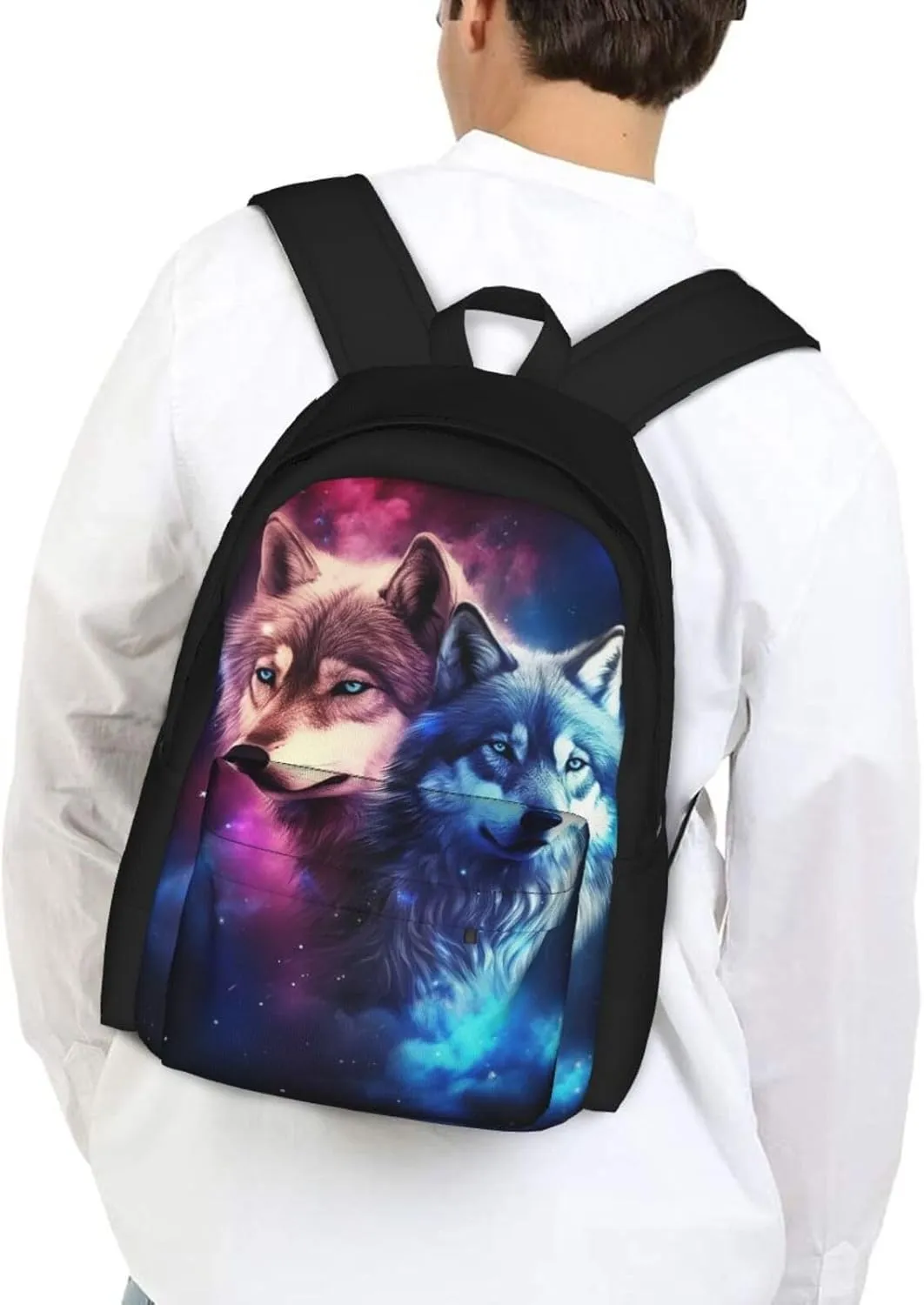 Galaxy Double Wolves Backpack Bookbag Shoulder Bag Daypack 17 In Laptop Bag for Unisex Teens Girls 1-5th Grade