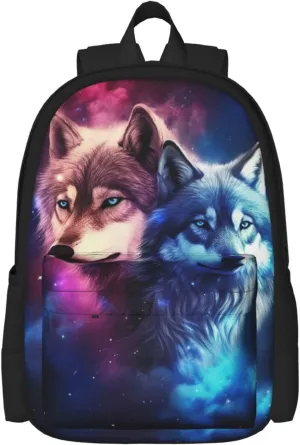Galaxy Double Wolves Backpack Bookbag Shoulder Bag Daypack 17 In Laptop Bag for Unisex Teens Girls 1-5th Grade
