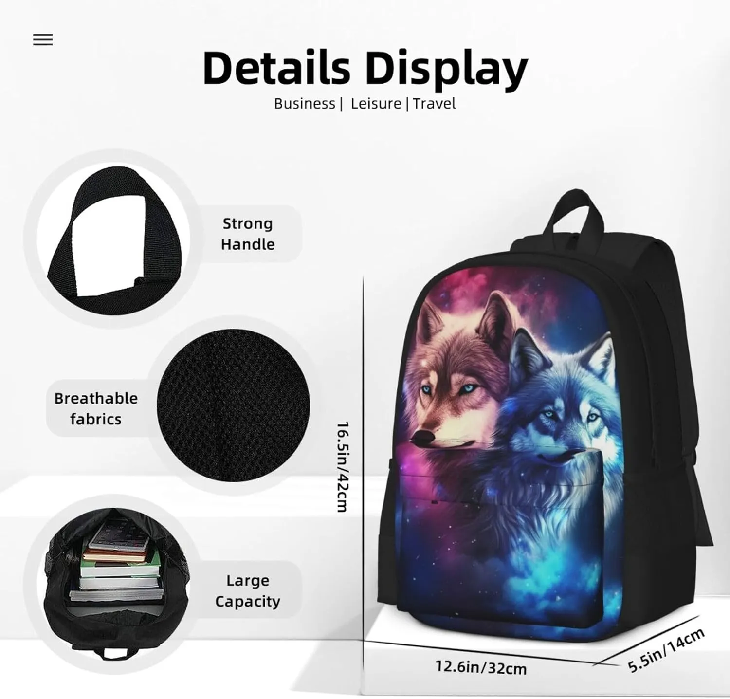 Galaxy Double Wolves Backpack Bookbag Shoulder Bag Daypack 17 In Laptop Bag for Unisex Teens Girls 1-5th Grade