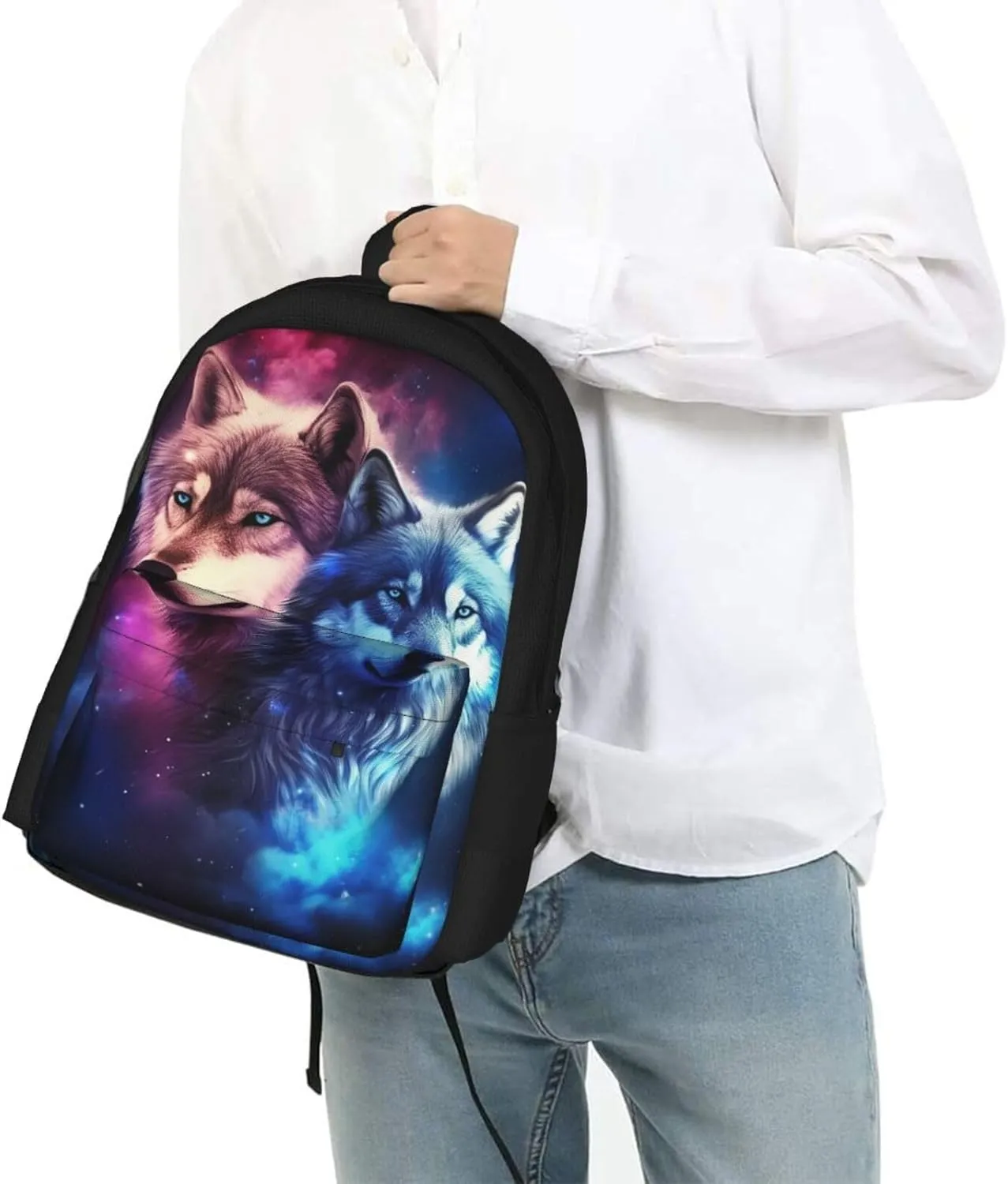 Galaxy Double Wolves Backpack Bookbag Shoulder Bag Daypack 17 In Laptop Bag for Unisex Teens Girls 1-5th Grade