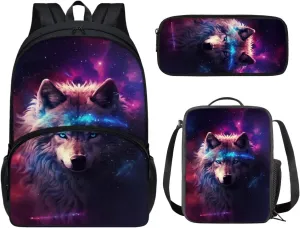 Galaxy Wolf Backpack for Girls School Bags with Lunch Box for Kids Backpack Lunch Box Set with Pencil Case for Elementary Middle School Junior Kids Book Bags Childrens Bookbags 3PCS
