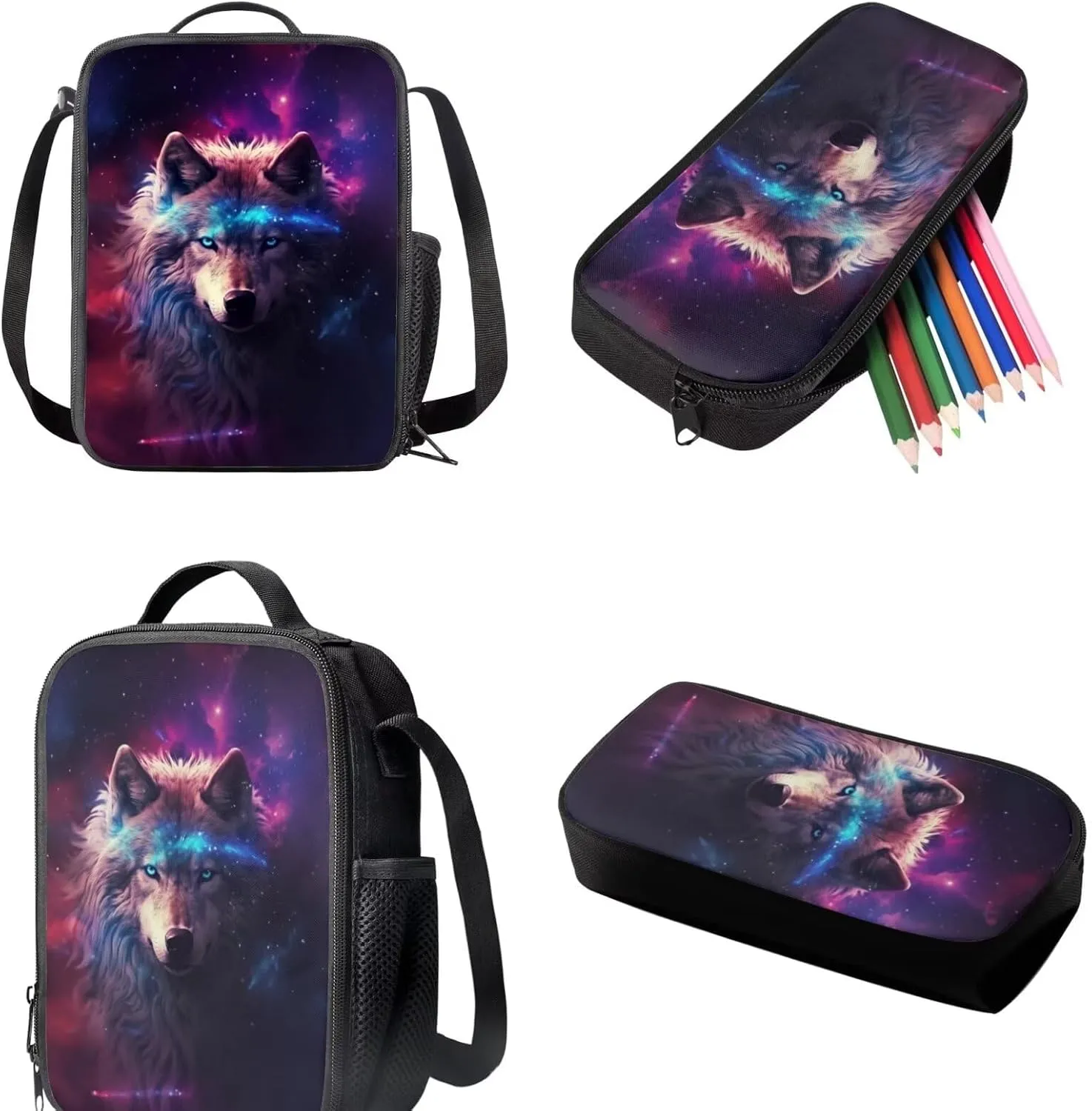 Galaxy Wolf Backpack for Girls School Bags with Lunch Box for Kids Backpack Lunch Box Set with Pencil Case for Elementary Middle School Junior Kids Book Bags Childrens Bookbags 3PCS