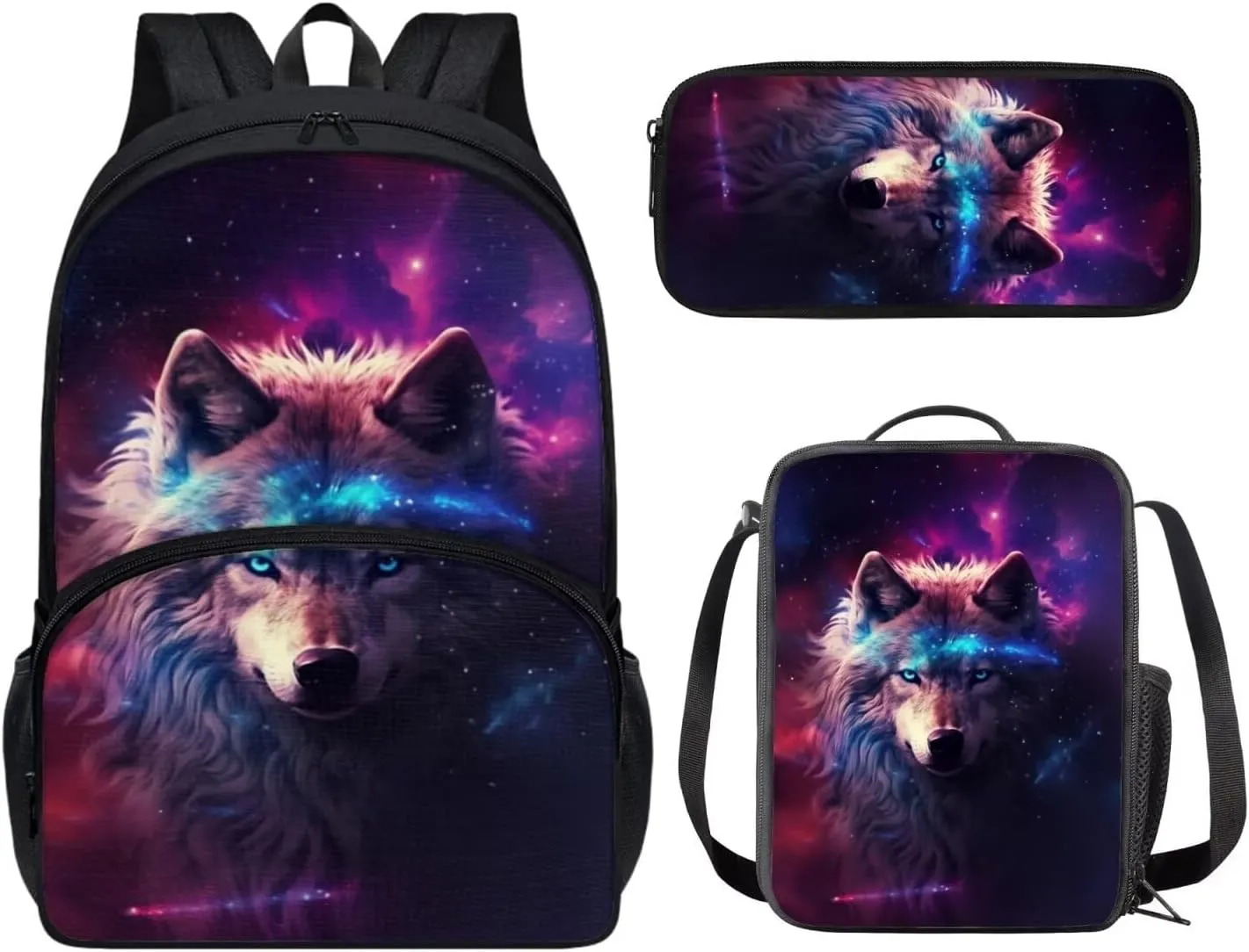 Galaxy Wolf Backpack for Girls School Bags with Lunch Box for Kids Backpack Lunch Box Set with Pencil Case for Elementary Middle School Junior Kids Book Bags Childrens Bookbags 3PCS