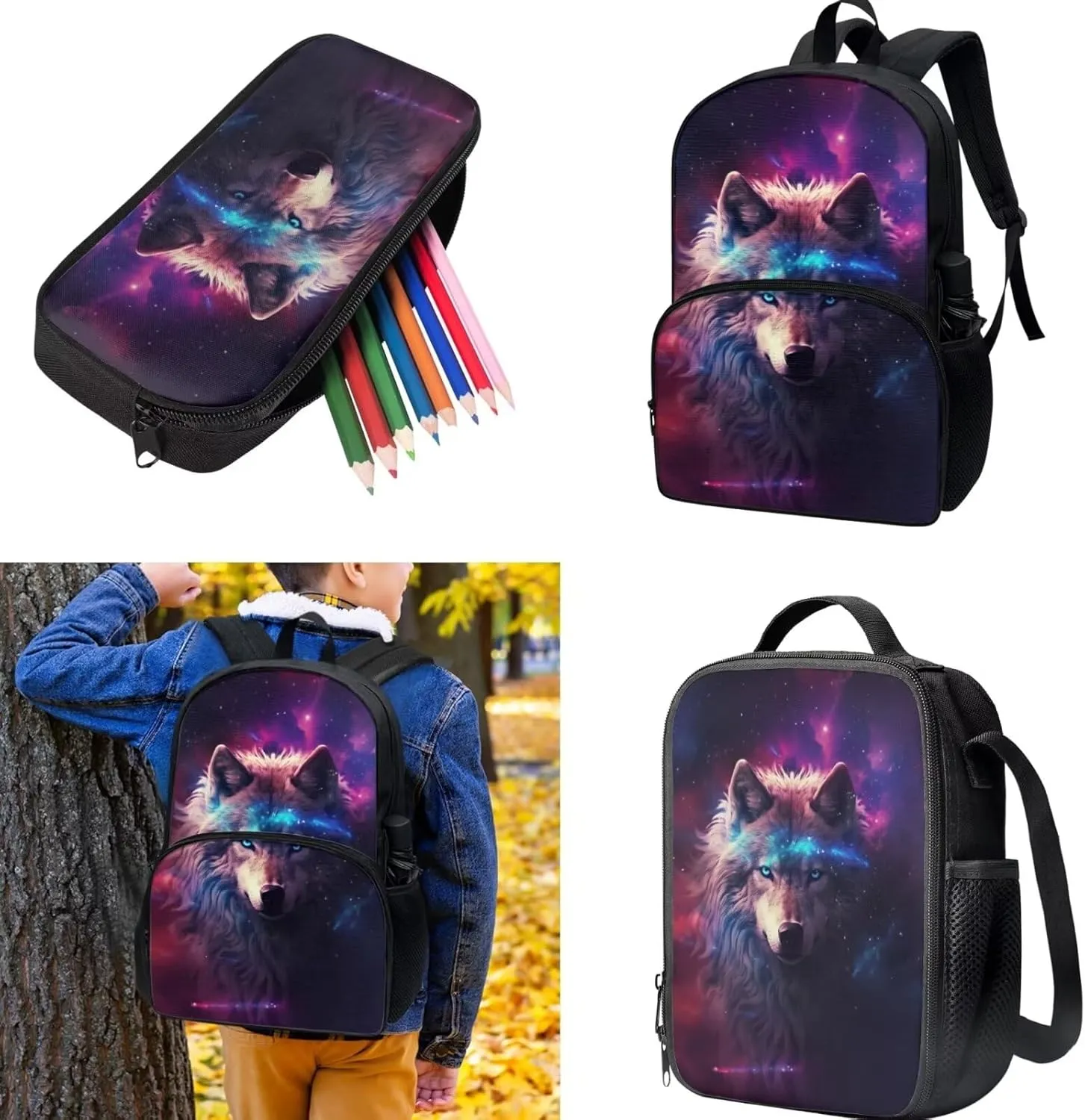 Galaxy Wolf Backpack for Girls School Bags with Lunch Box for Kids Backpack Lunch Box Set with Pencil Case for Elementary Middle School Junior Kids Book Bags Childrens Bookbags 3PCS