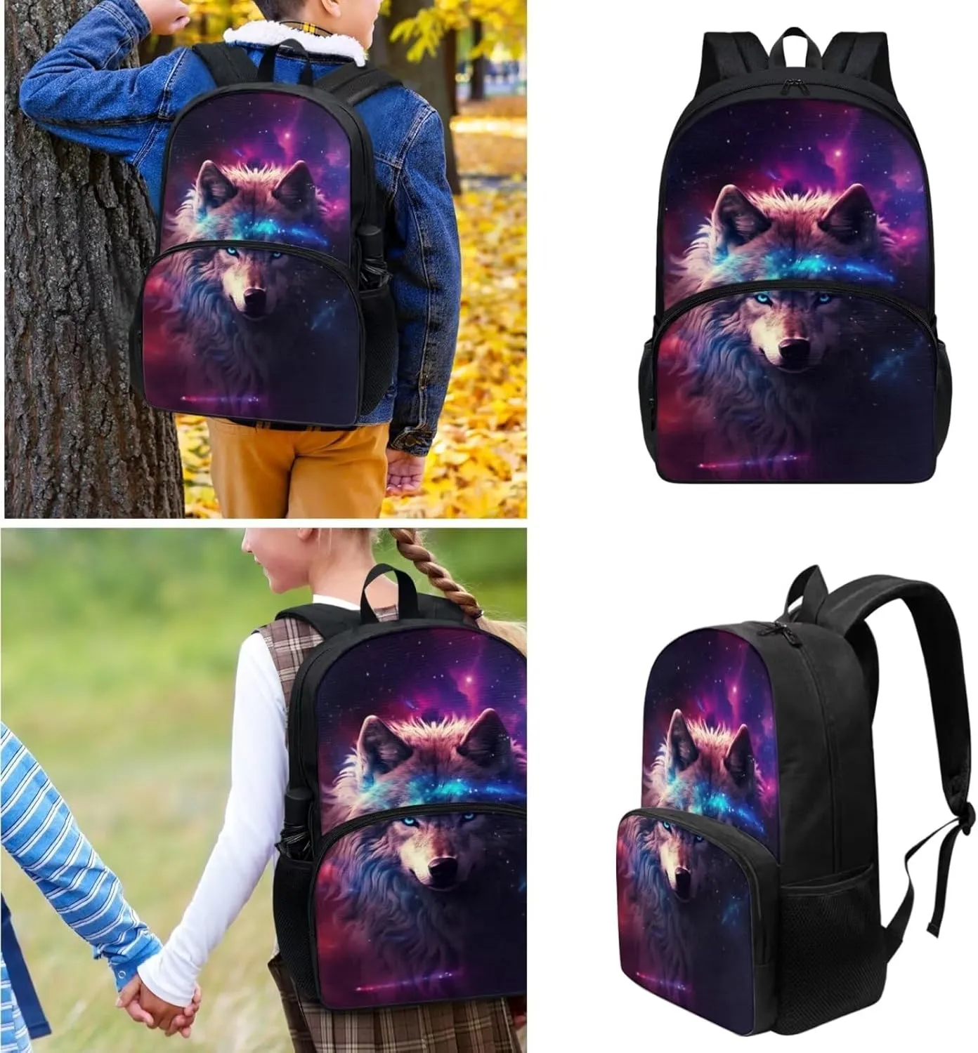 Galaxy Wolf Backpack for Girls School Bags with Lunch Box for Kids Backpack Lunch Box Set with Pencil Case for Elementary Middle School Junior Kids Book Bags Childrens Bookbags 3PCS