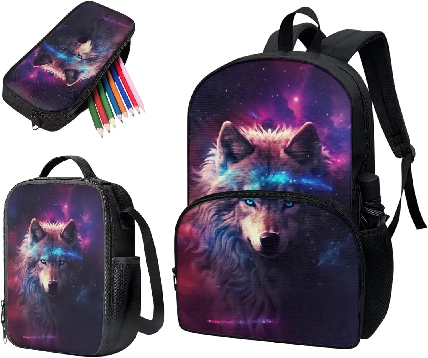 Galaxy Wolf Backpack for Girls School Bags with Lunch Box for Kids Backpack Lunch Box Set with Pencil Case for Elementary Middle School Junior Kids Book Bags Childrens Bookbags 3PCS