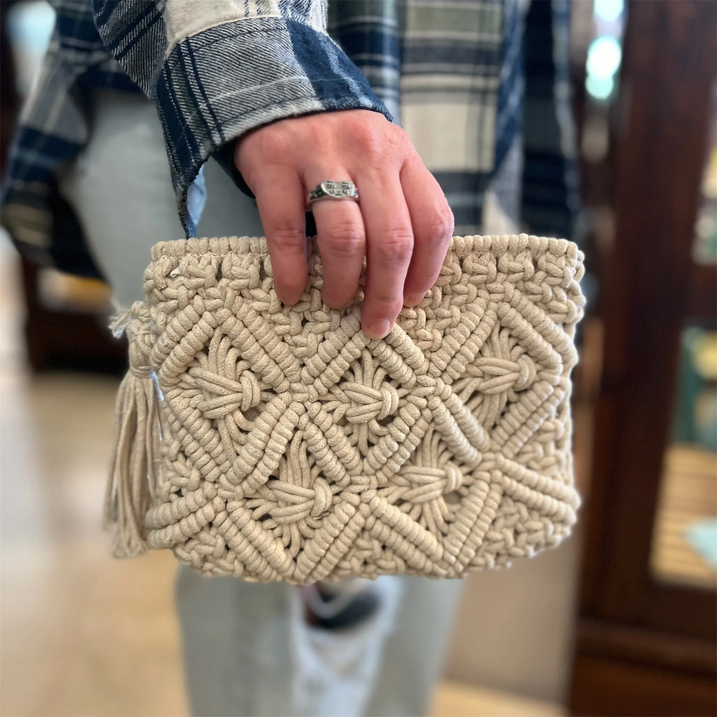 GCR* Cream Macrame Clutch with Tassel