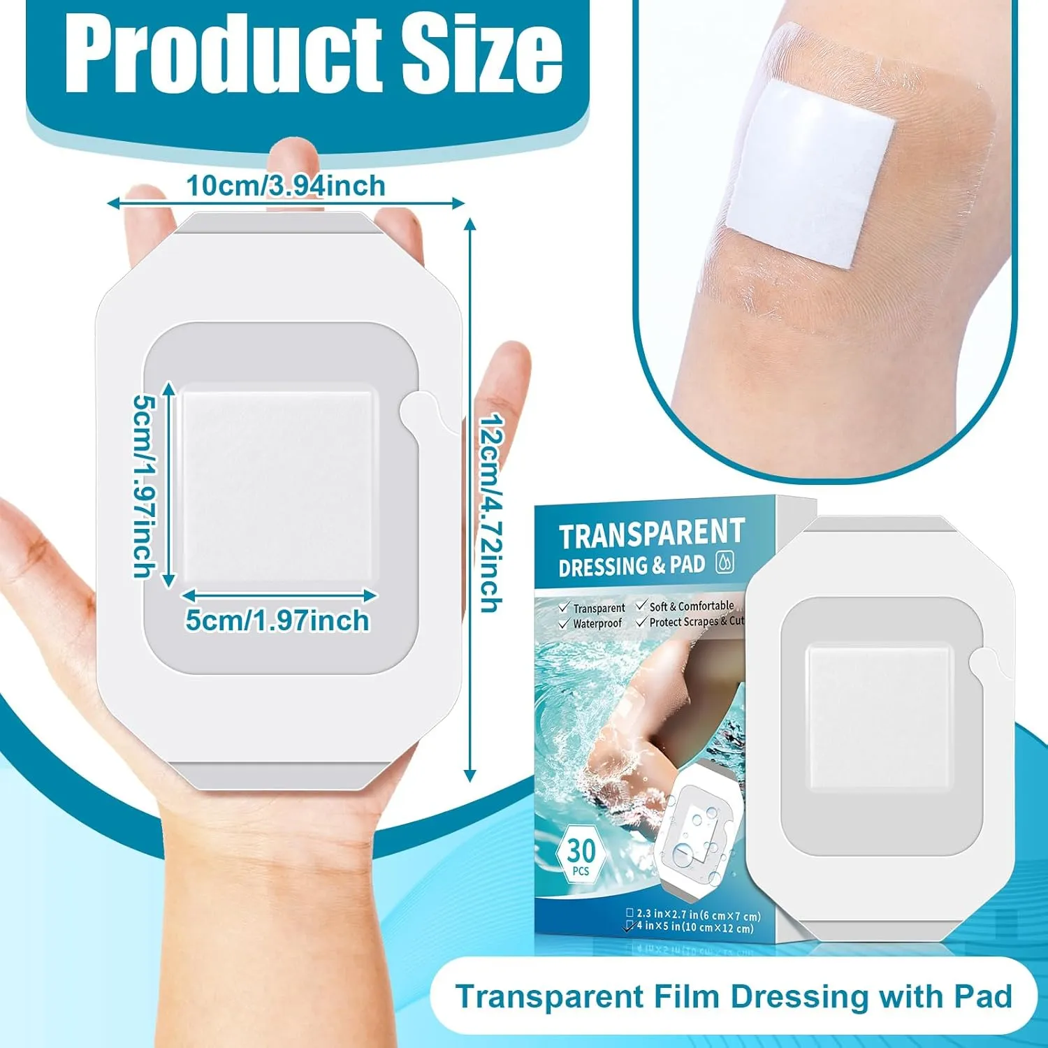 Geiserailie 30 Pack Transparent Film Dressing with Pad, Waterproof Adhesive Bandages, Wound Cover Patches, Clear Barrier Film for Showering, Swimming, Tattoo (4 x 4.75 Inches)