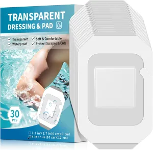 Geiserailie 30 Pack Transparent Film Dressing with Pad, Waterproof Adhesive Bandages, Wound Cover Patches, Clear Barrier Film for Showering, Swimming, Tattoo (4 x 4.75 Inches)
