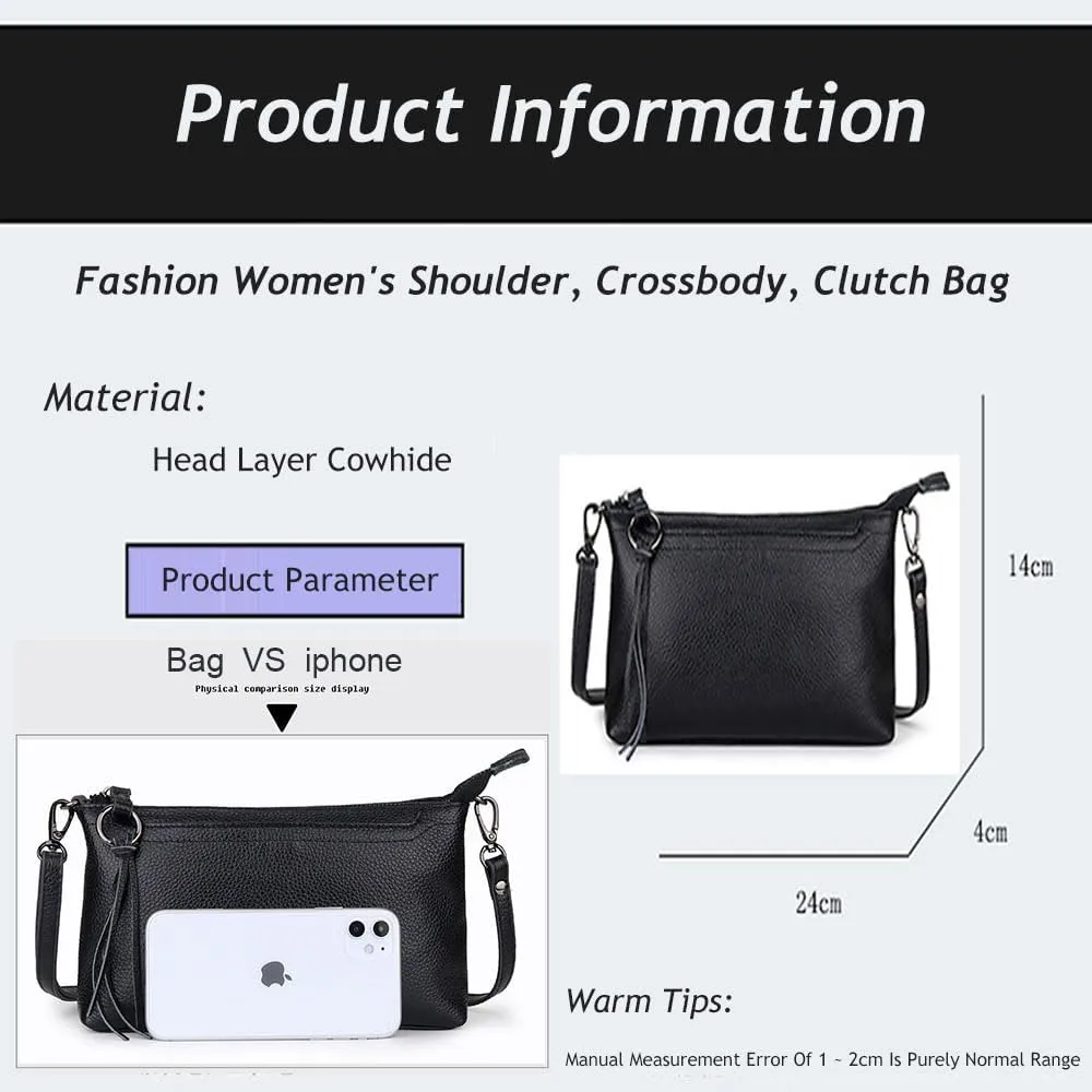 Genuine Leather Crossbody Bag For Women Small Tassel Shoulder Bag Zipper Clutch Phone Wallet Purse