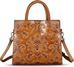Genuine Leather Purses and Handbags for Women Vintage Embossed Leather Tote Bag Crossbody Shoulder Bag Satchel Bags