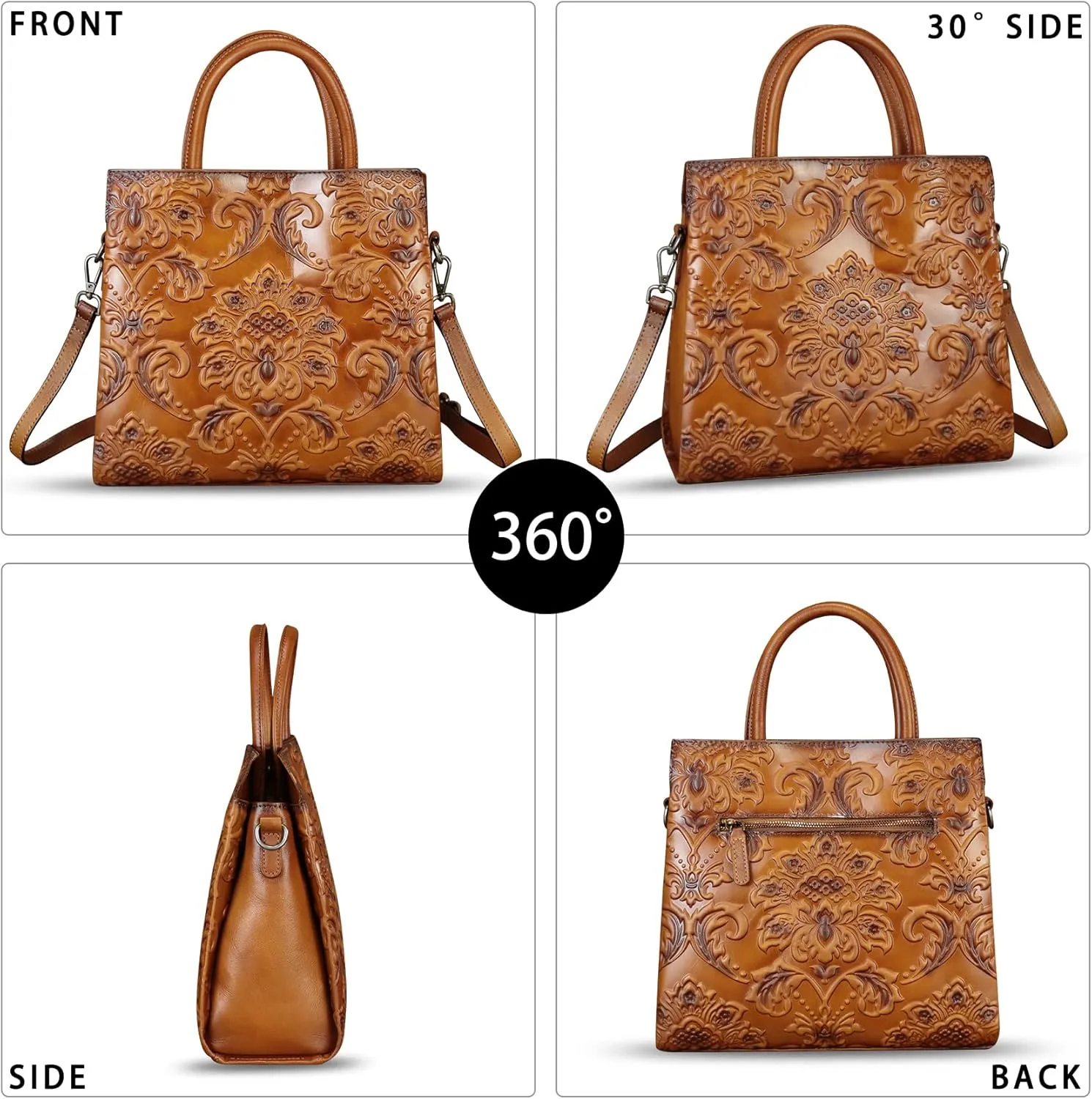 Genuine Leather Purses and Handbags for Women Vintage Embossed Leather Tote Bag Crossbody Shoulder Bag Satchel Bags