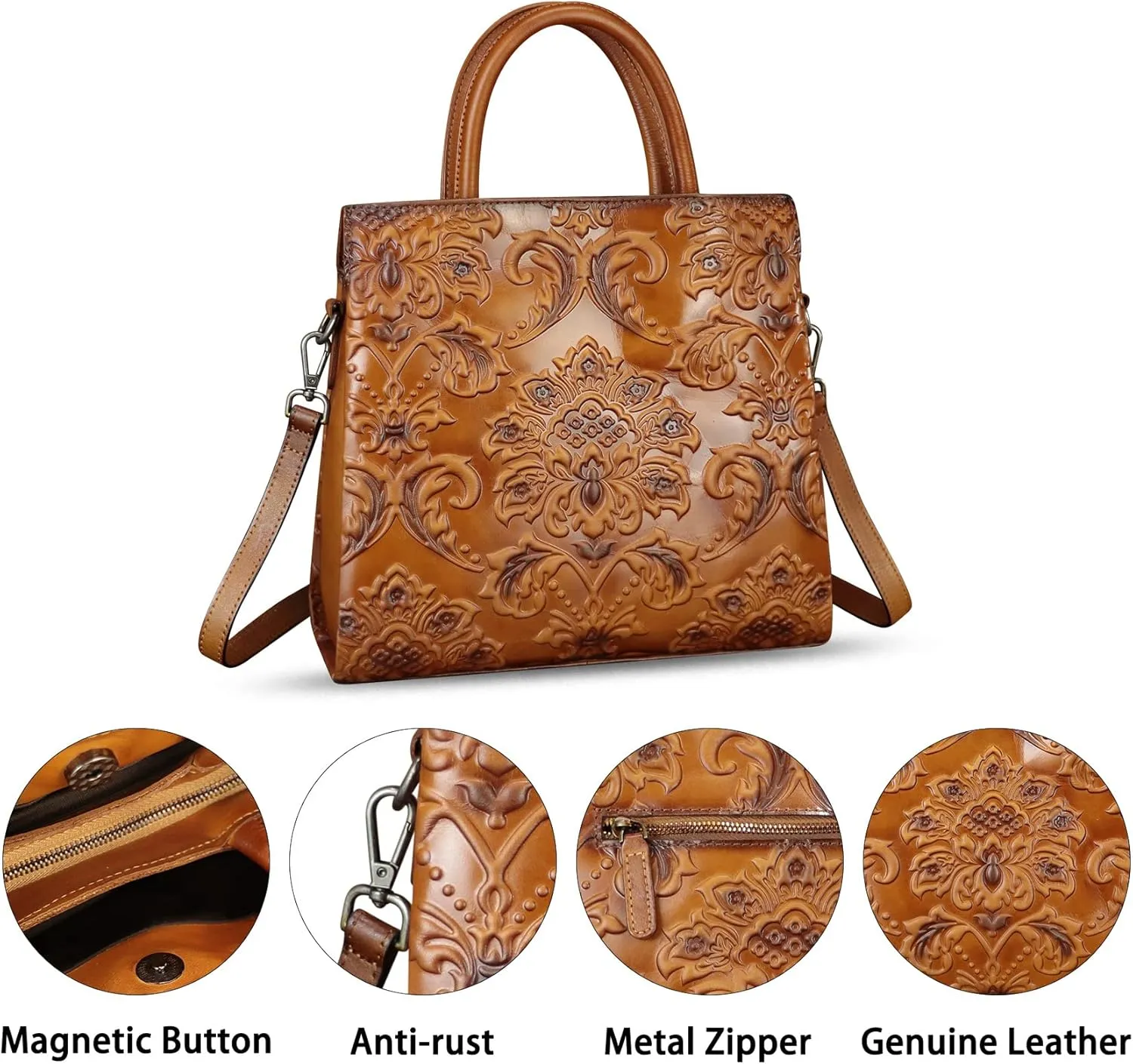 Genuine Leather Purses and Handbags for Women Vintage Embossed Leather Tote Bag Crossbody Shoulder Bag Satchel Bags
