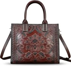 Genuine Leather Satchel for Women Embossed Handbag Top Handle Bags Handmade Purse Crossbody Tote Shoulder Bag