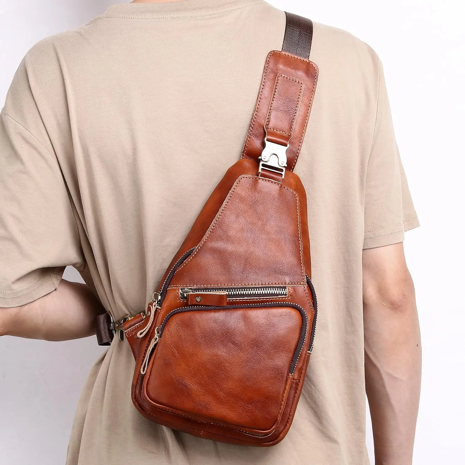 Genuine Leather Sling Bag for Men Women Backpack Chest Shoulder Satchel Crossbody Bags Casual Outdoor Daypack