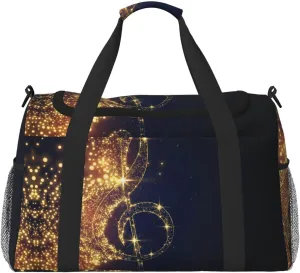 Gold Musical Note with Fallen Shiny Star Print Weekender Bag Large Capacity Hand Travel Bag Carry On Tote Airplane Travel Tote