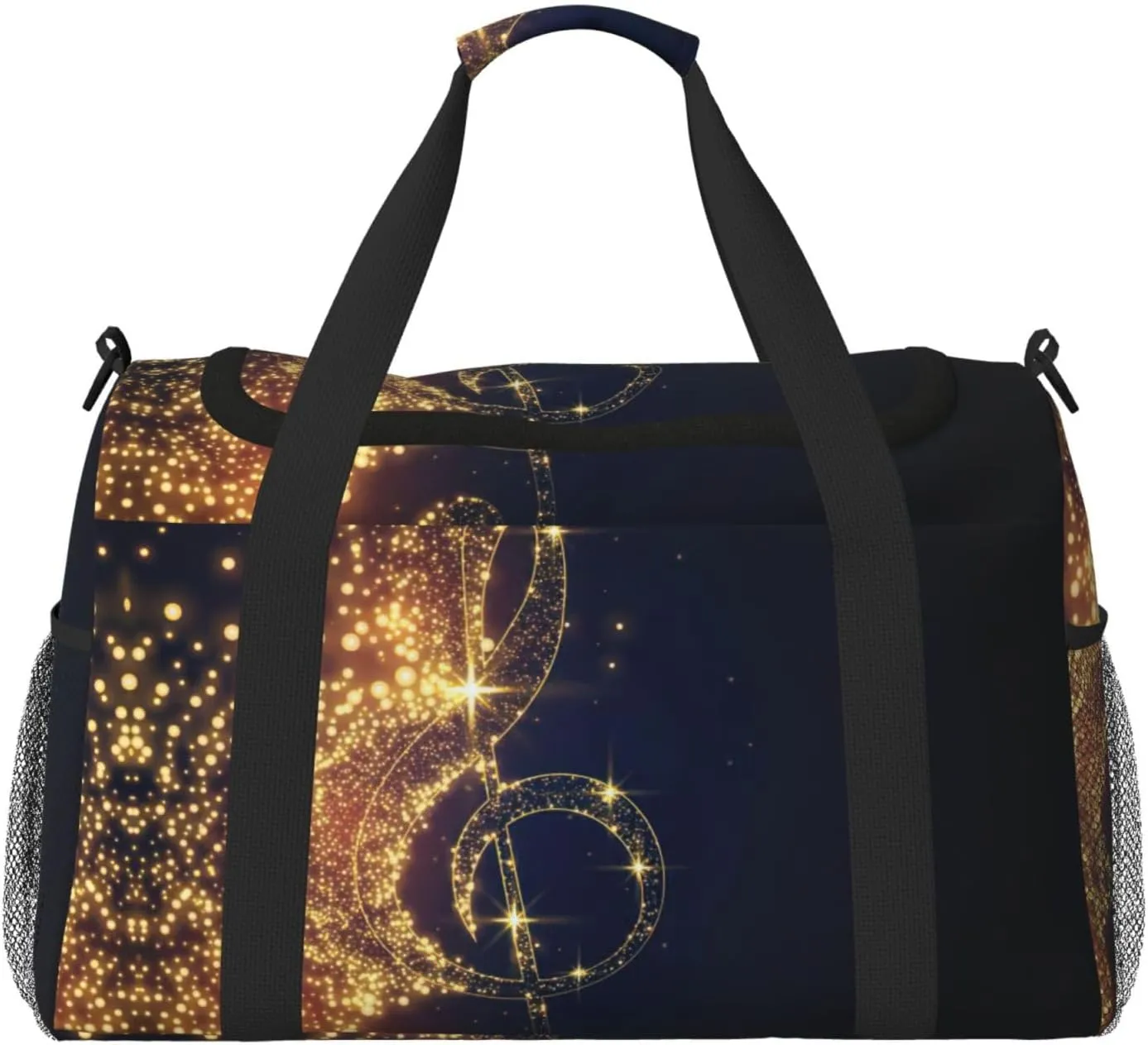 Gold Musical Note with Fallen Shiny Star Print Weekender Bag Large Capacity Hand Travel Bag Carry On Tote Airplane Travel Tote
