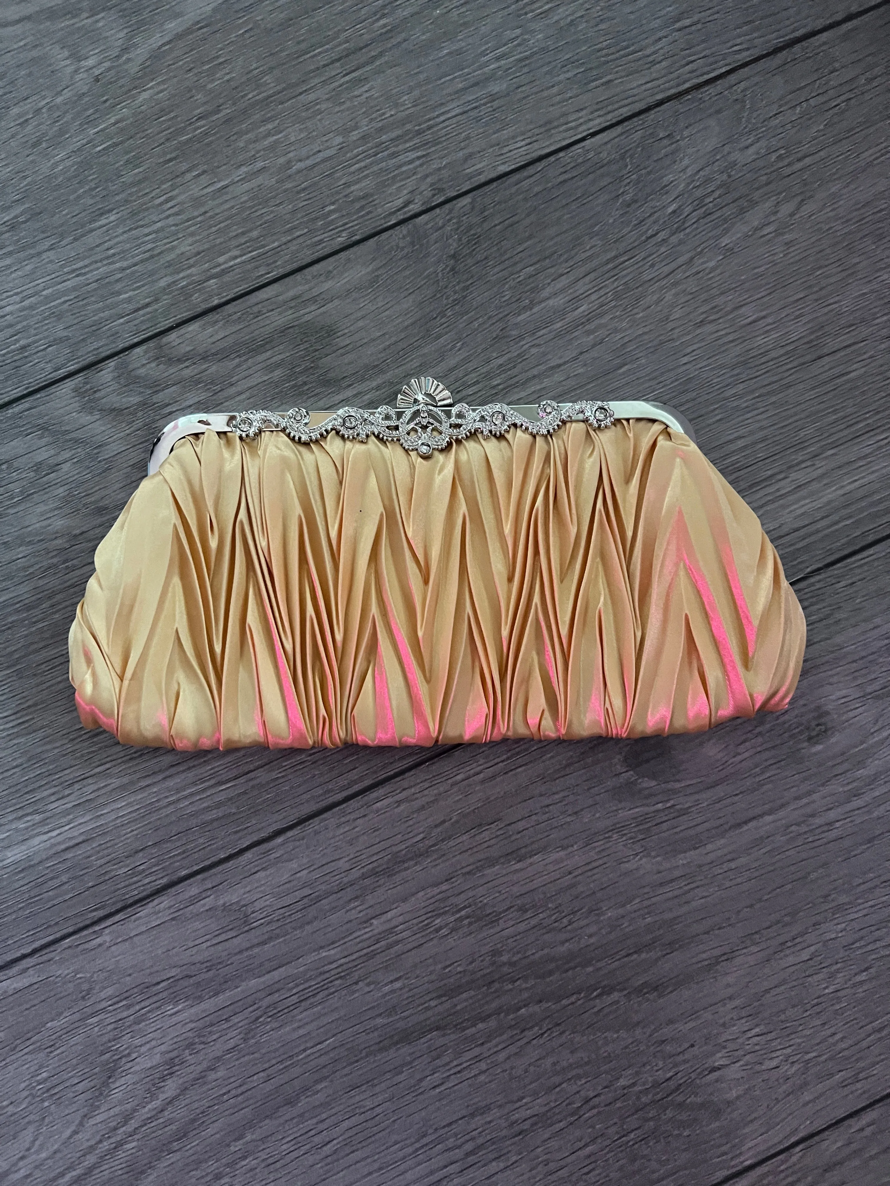 Gold Satin Art Deco Detail Clutch Bag