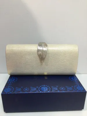 Gold shimmer clutch with feather clasp