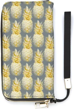 Golden Pineapples Women's Leather Long Large Capacity Wallet Clutch Wallet with Hand Strap