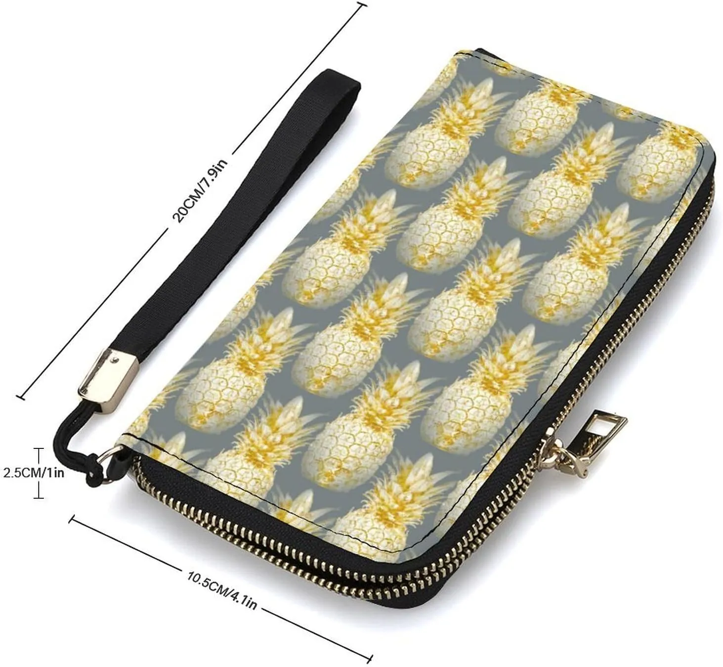 Golden Pineapples Women's Leather Long Large Capacity Wallet Clutch Wallet with Hand Strap