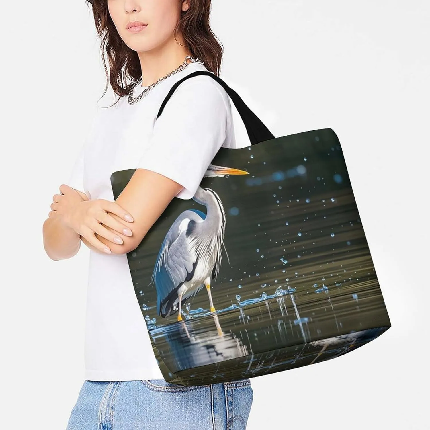 Gray Heron Print in Water Tote Bag for Women Reusable Grocery Shoulder Bags Shopping Bag for Travel, Groceries