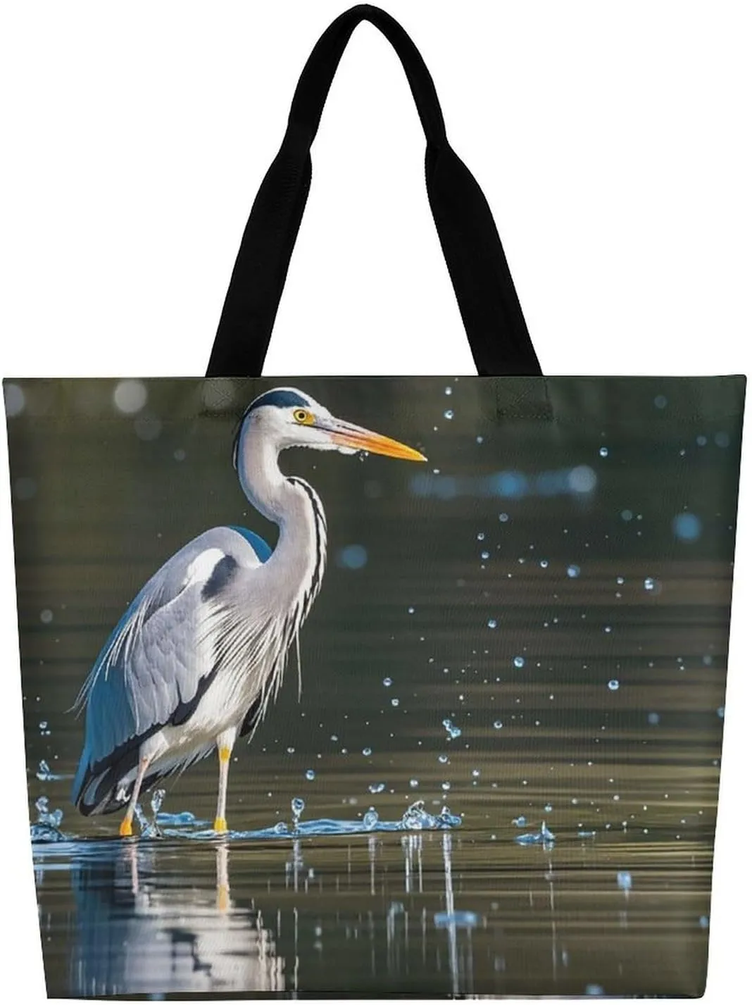 Gray Heron Print in Water Tote Bag for Women Reusable Grocery Shoulder Bags Shopping Bag for Travel, Groceries