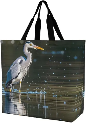 Gray Heron Print in Water Tote Bag for Women Reusable Grocery Shoulder Bags Shopping Bag for Travel, Groceries