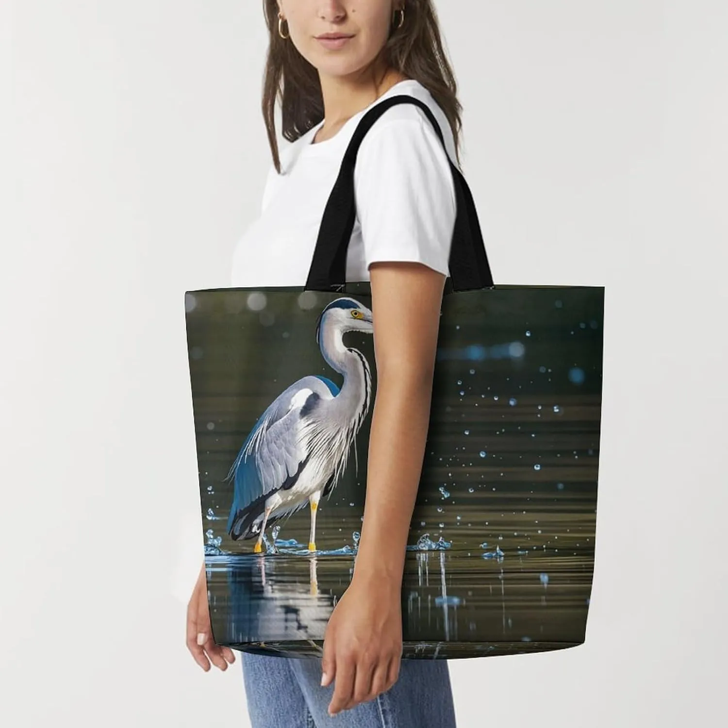 Gray Heron Print in Water Tote Bag for Women Reusable Grocery Shoulder Bags Shopping Bag for Travel, Groceries