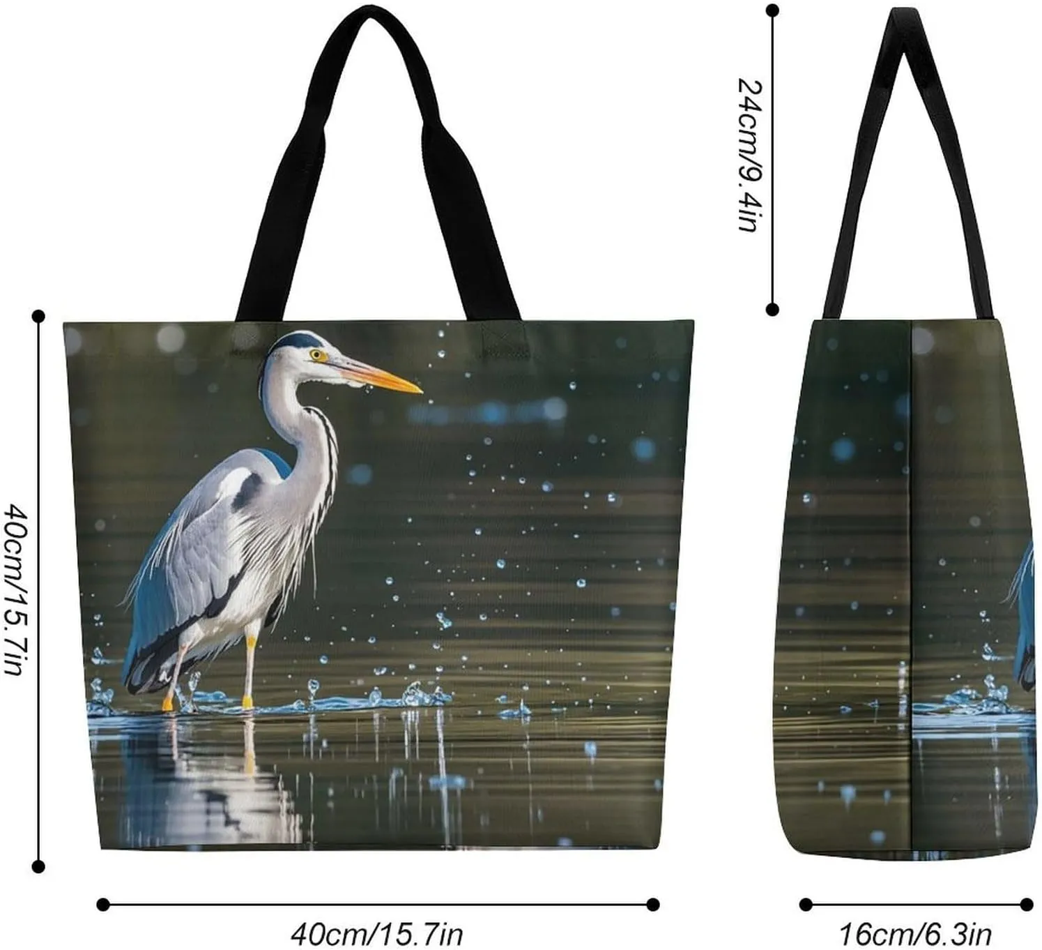 Gray Heron Print in Water Tote Bag for Women Reusable Grocery Shoulder Bags Shopping Bag for Travel, Groceries
