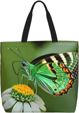 Green Leaf Colorful Butterfly Print Women Reuseable Handbag, Grocery Bag Foldable For Shopping Travel Activity