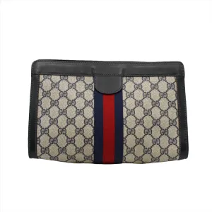 Gucci Beige Navy Supreme GG Canvas Leather Trim Clutch Bag