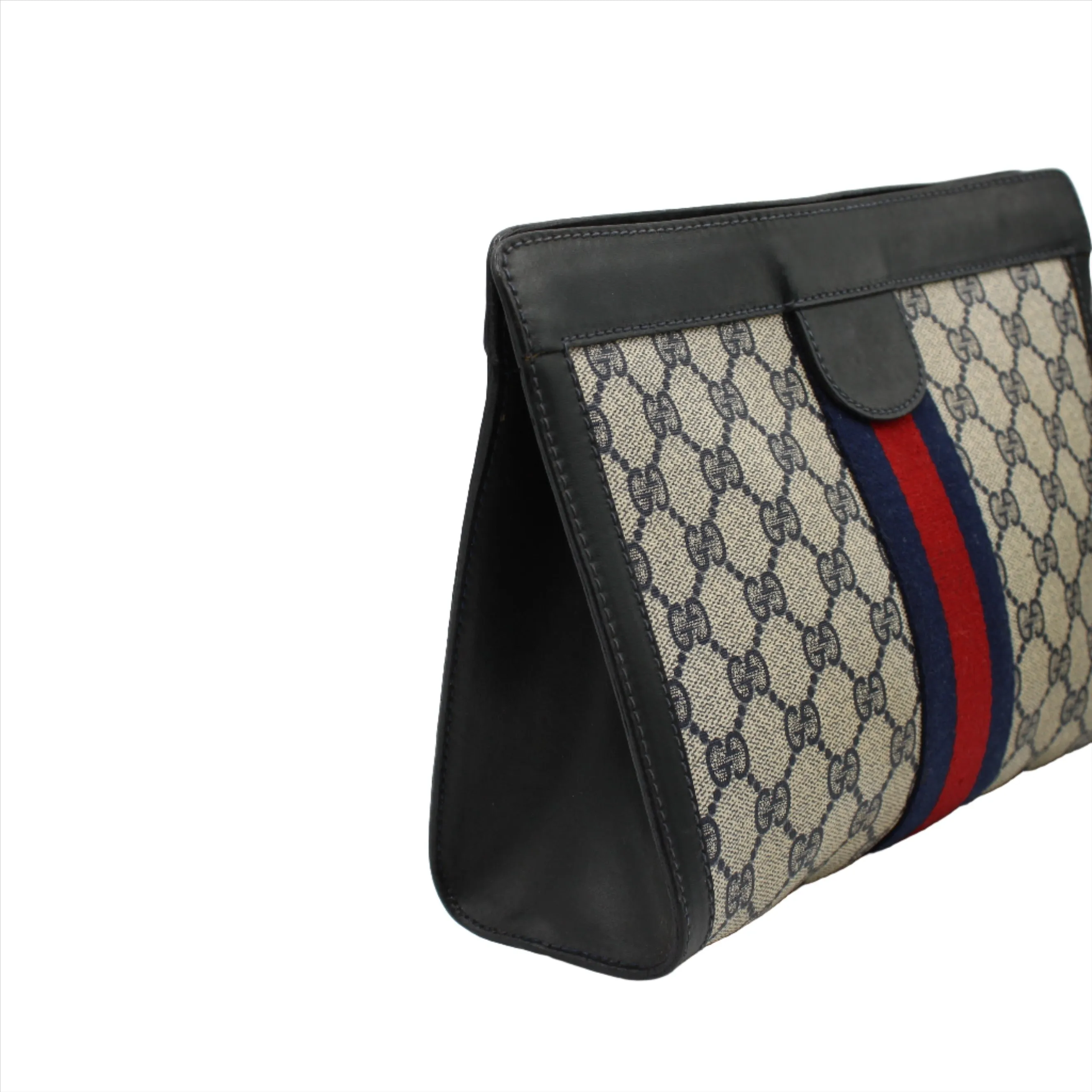 Gucci Beige Navy Supreme GG Canvas Leather Trim Clutch Bag