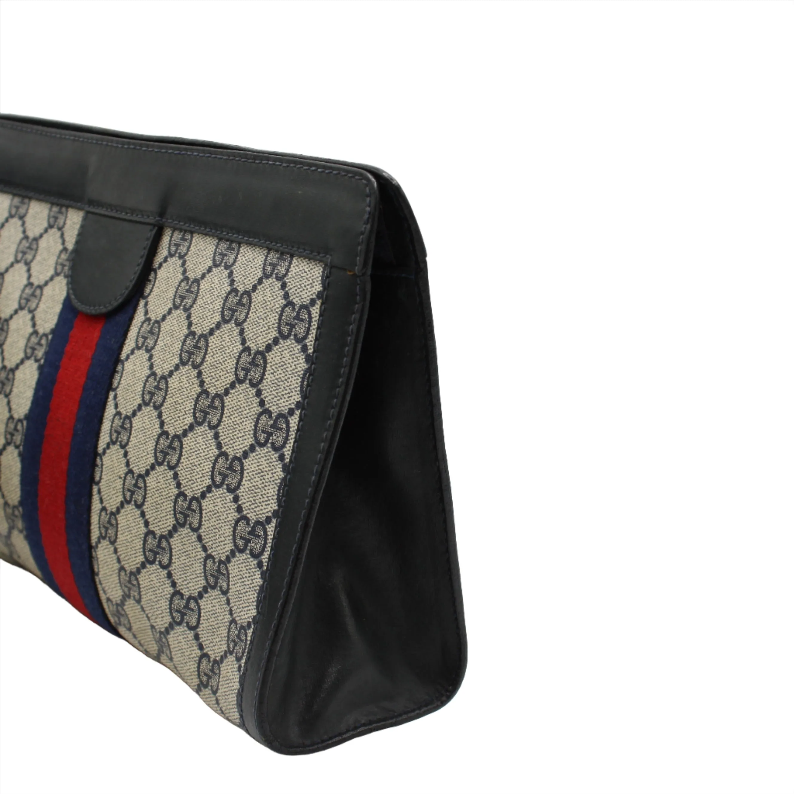 Gucci Beige Navy Supreme GG Canvas Leather Trim Clutch Bag