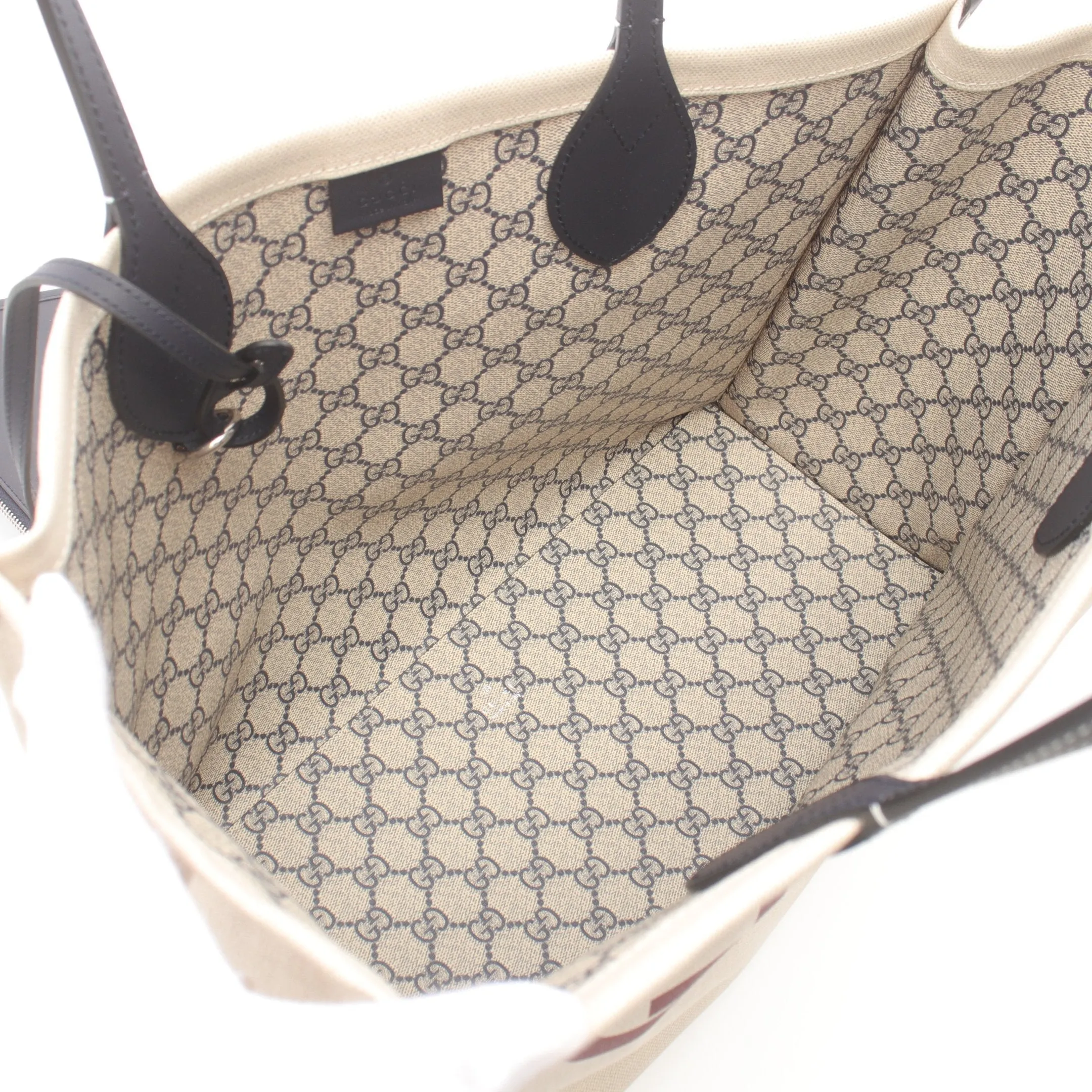 Gucci Print Tote Bag Handbag Canvas Leather Light Beige Navy Bordeaux