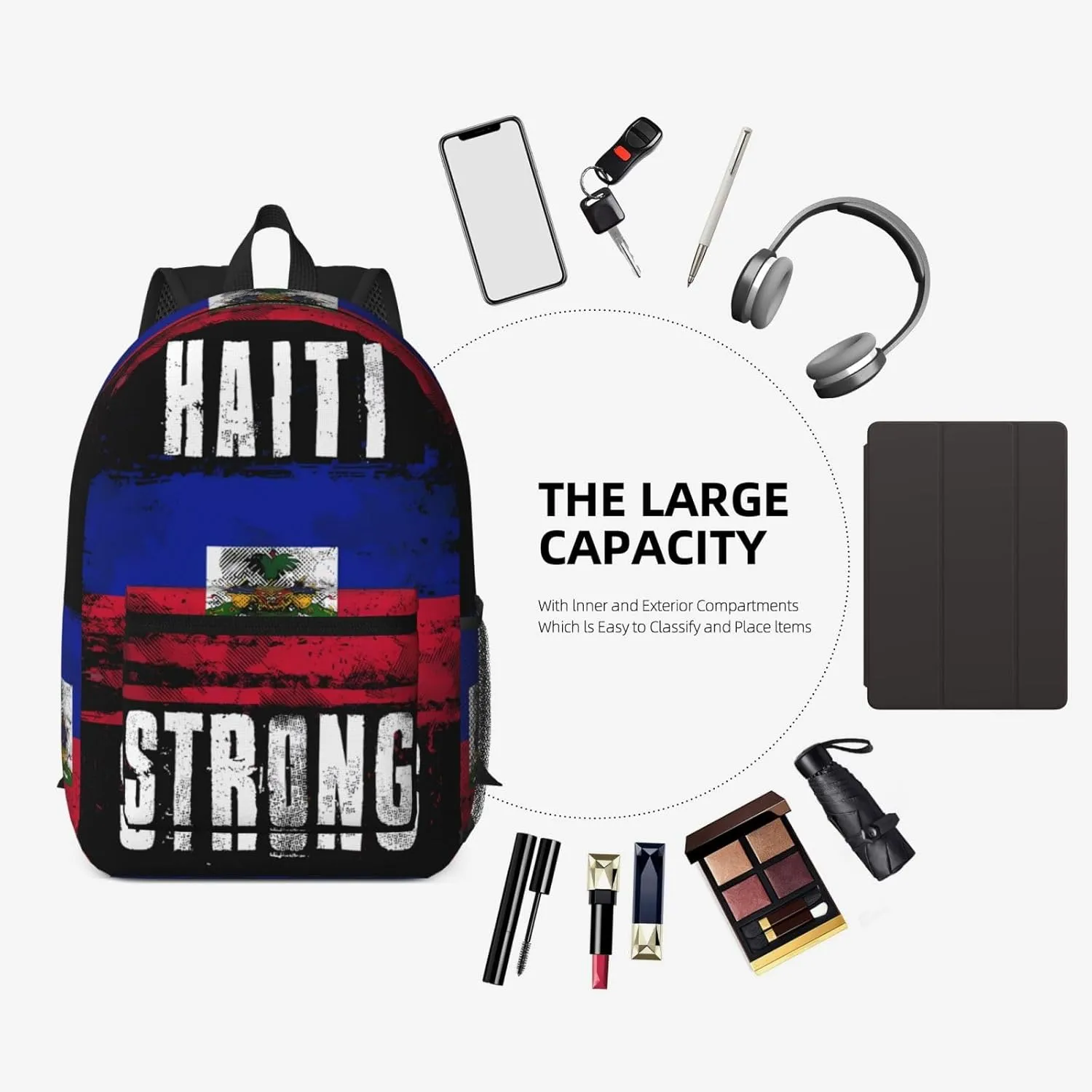 Haiti Strong Graffiti Flag 17 Inch Backpacks Multipurpose Laptop Backpack Double Shoulder Bag for Men Women Gifts